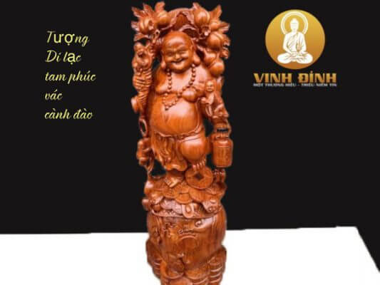 Tượng Di Lặc Ngũ Phúc Vác Cành Đào Gỗ Hương Đá 100x32x36 cm
