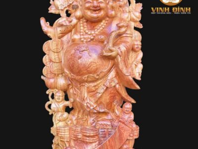 Di Lặc Ngũ Phúc Vác Cành Đào Gỗ Hương Đá