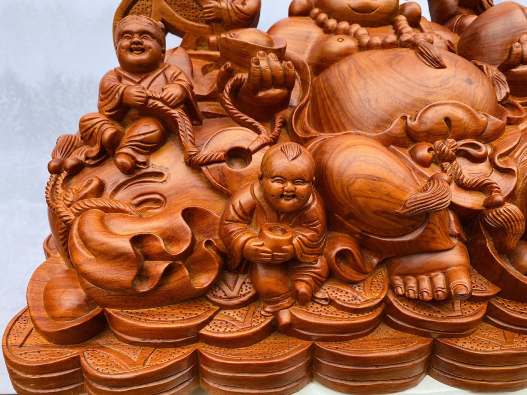 Tượng Di Lặc Ngũ Phúc Thuần Nghê Gỗ Hương Đá 34x60x33 cm