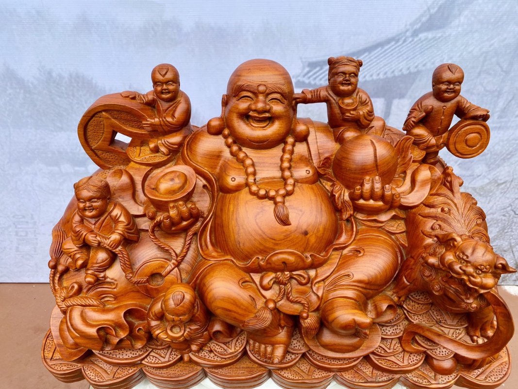Tượng Di Lặc Ngũ Phúc Thuần Nghê Gỗ Hương Đá 34x60x33 cm
