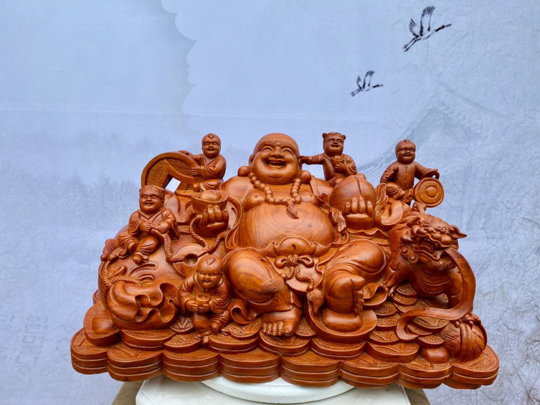 Tượng Di Lặc Ngũ Phúc Thuần Nghê Gỗ Hương Đá 34x60x33 cm
