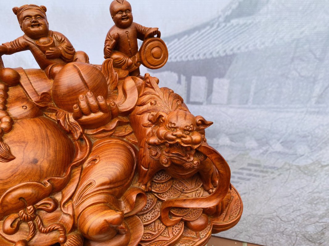 Tượng Di Lặc Ngũ Phúc Thuần Nghê Gỗ Hương Đá 34x60x33 cm