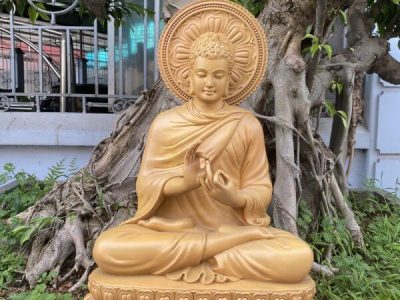 Tượng phật Thích Ca gỗ Gõ vàng 56x44x32 cm